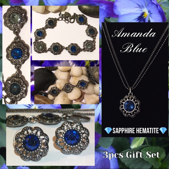 Blue Crystal & Hematite Statement Necklace Earrings Set - Picture 2 of 12